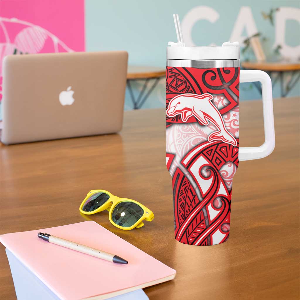 Dolphins Rugby Tumbler With Handle Polynesian Tribal Dolphin Warrior Red White Pattern