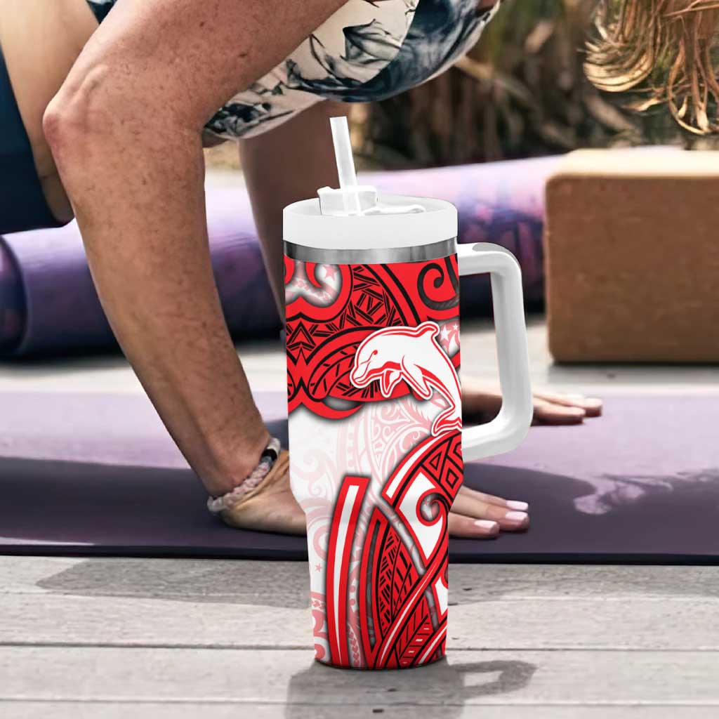 Dolphins Rugby Tumbler With Handle Polynesian Tribal Dolphin Warrior Red White Pattern