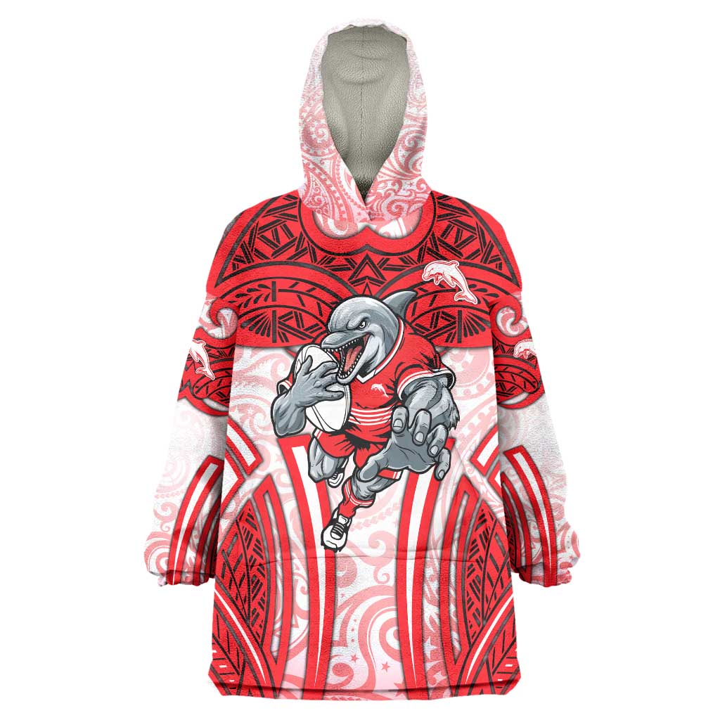 Dolphins Rugby Wearable Blanket Hoodie Polynesian Tribal Dolphin Warrior Red White Pattern