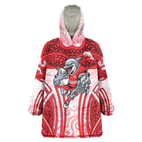 Dolphins Rugby Wearable Blanket Hoodie Polynesian Tribal Dolphin Warrior Red White Pattern