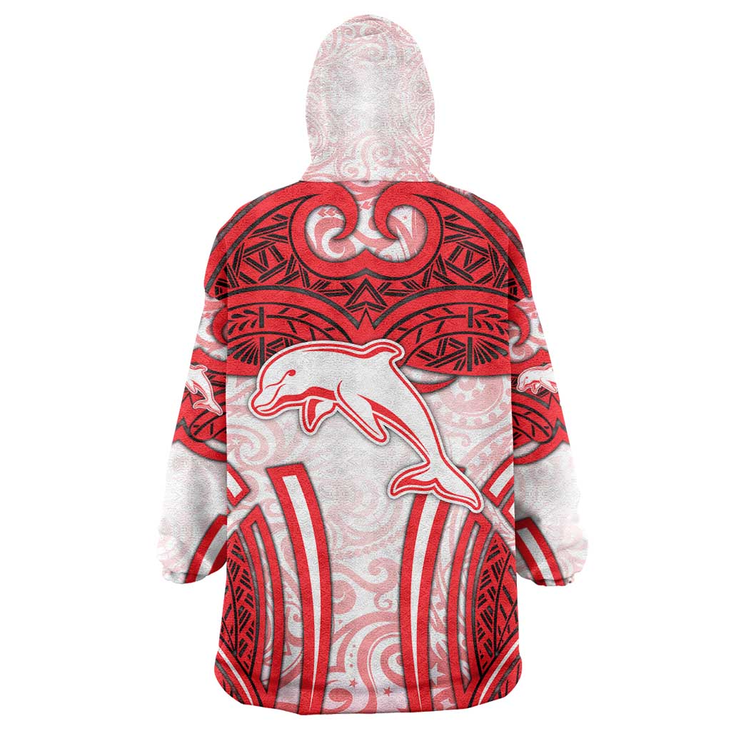 Dolphins Rugby Wearable Blanket Hoodie Polynesian Tribal Dolphin Warrior Red White Pattern