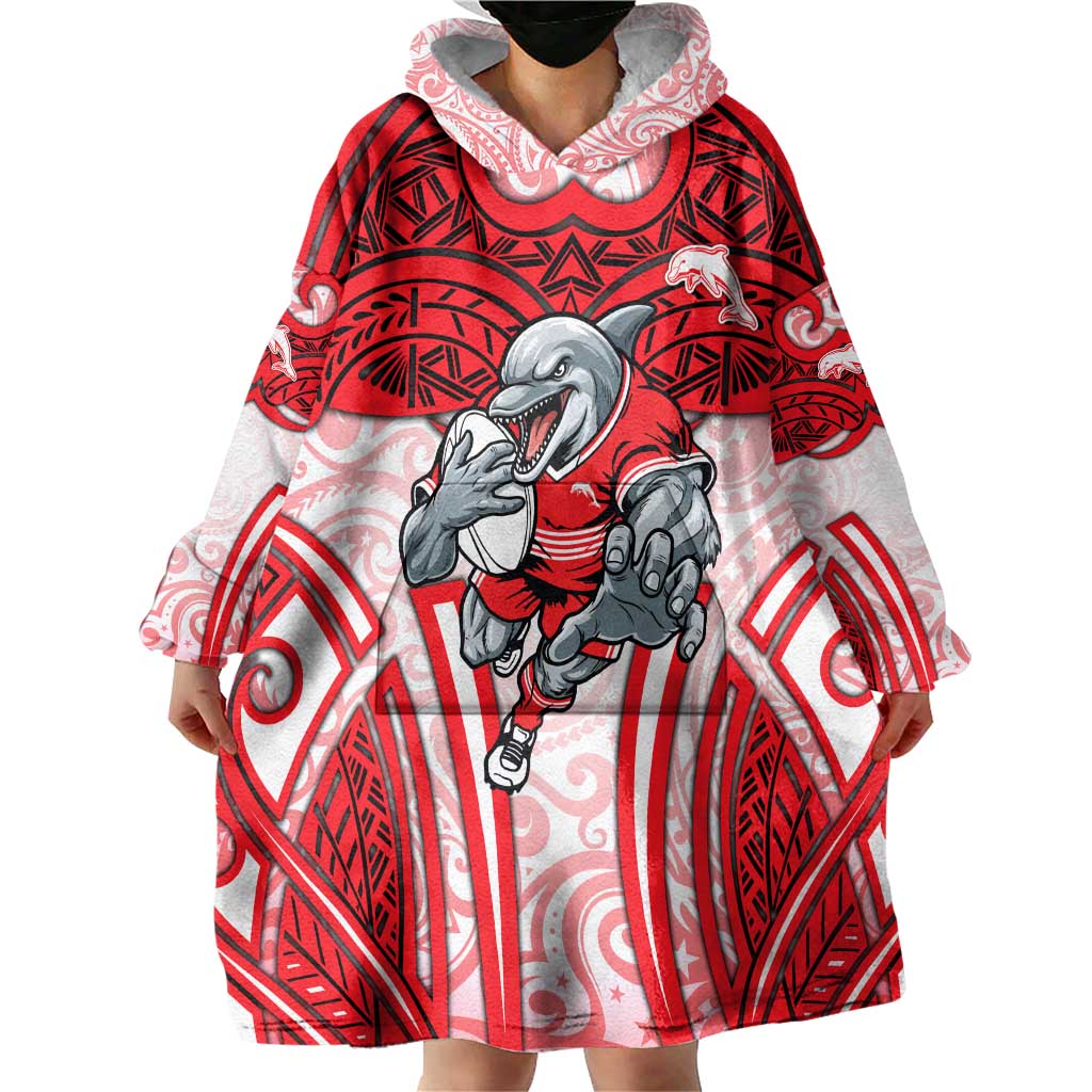 Dolphins Rugby Wearable Blanket Hoodie Polynesian Tribal Dolphin Warrior Red White Pattern