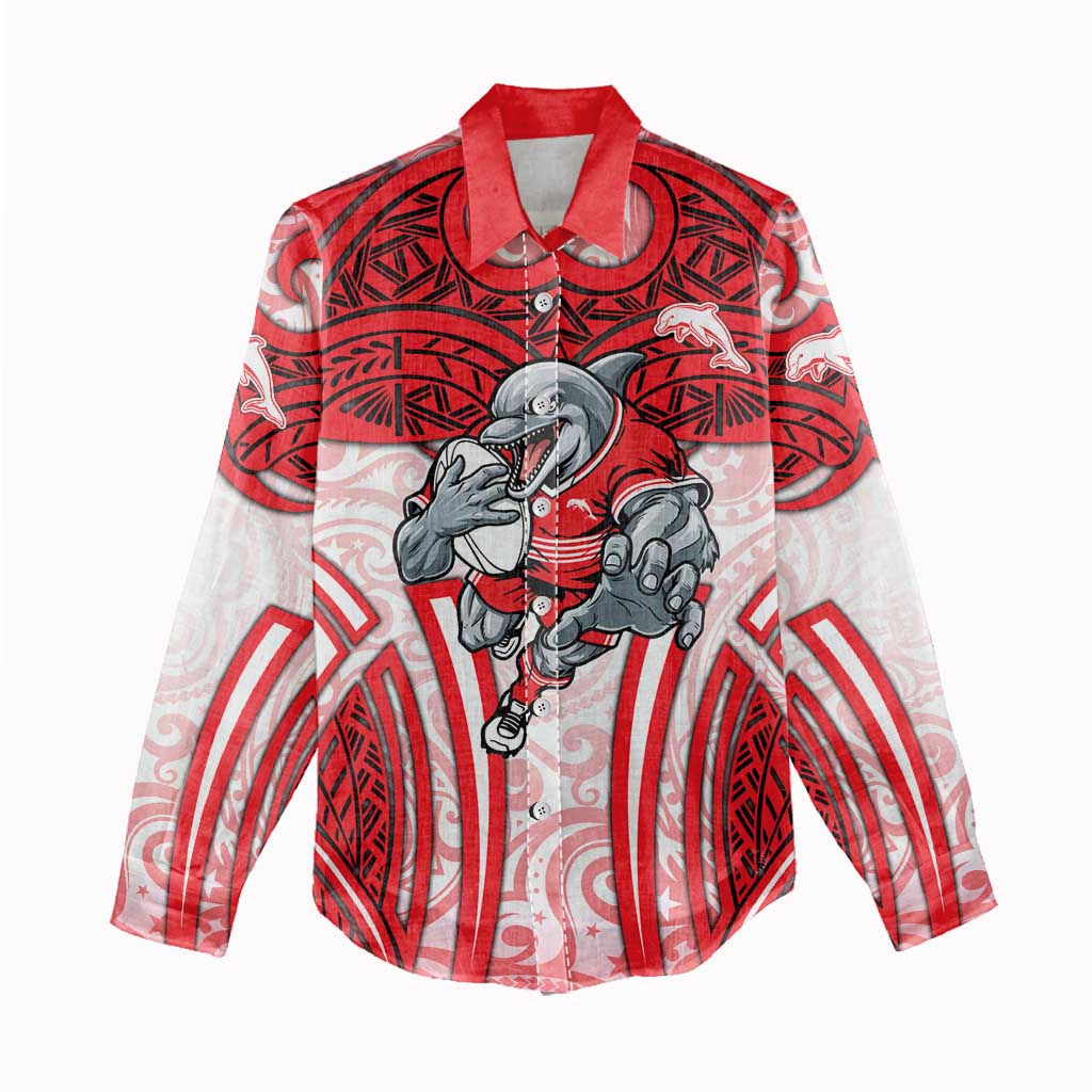 Dolphins Rugby Women Casual Shirt Polynesian Tribal Dolphin Warrior Red White Pattern