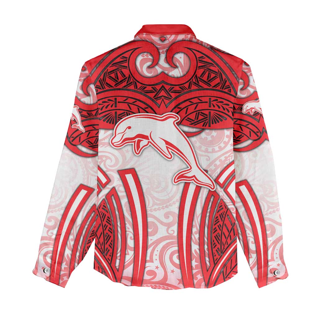 Dolphins Rugby Women Casual Shirt Polynesian Tribal Dolphin Warrior Red White Pattern