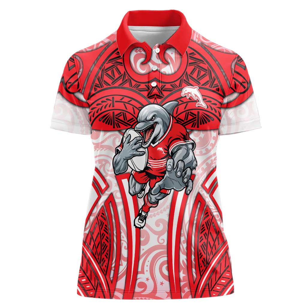 Dolphins Rugby Women Polo Shirt Polynesian Tribal Dolphin Warrior Red White Pattern