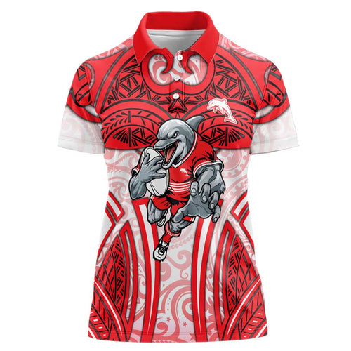 Dolphins Rugby Women Polo Shirt Polynesian Tribal Dolphin Warrior Red White Pattern