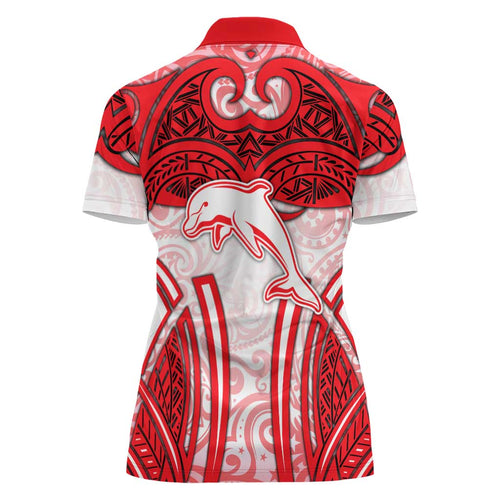 Dolphins Rugby Women Polo Shirt Polynesian Tribal Dolphin Warrior Red White Pattern
