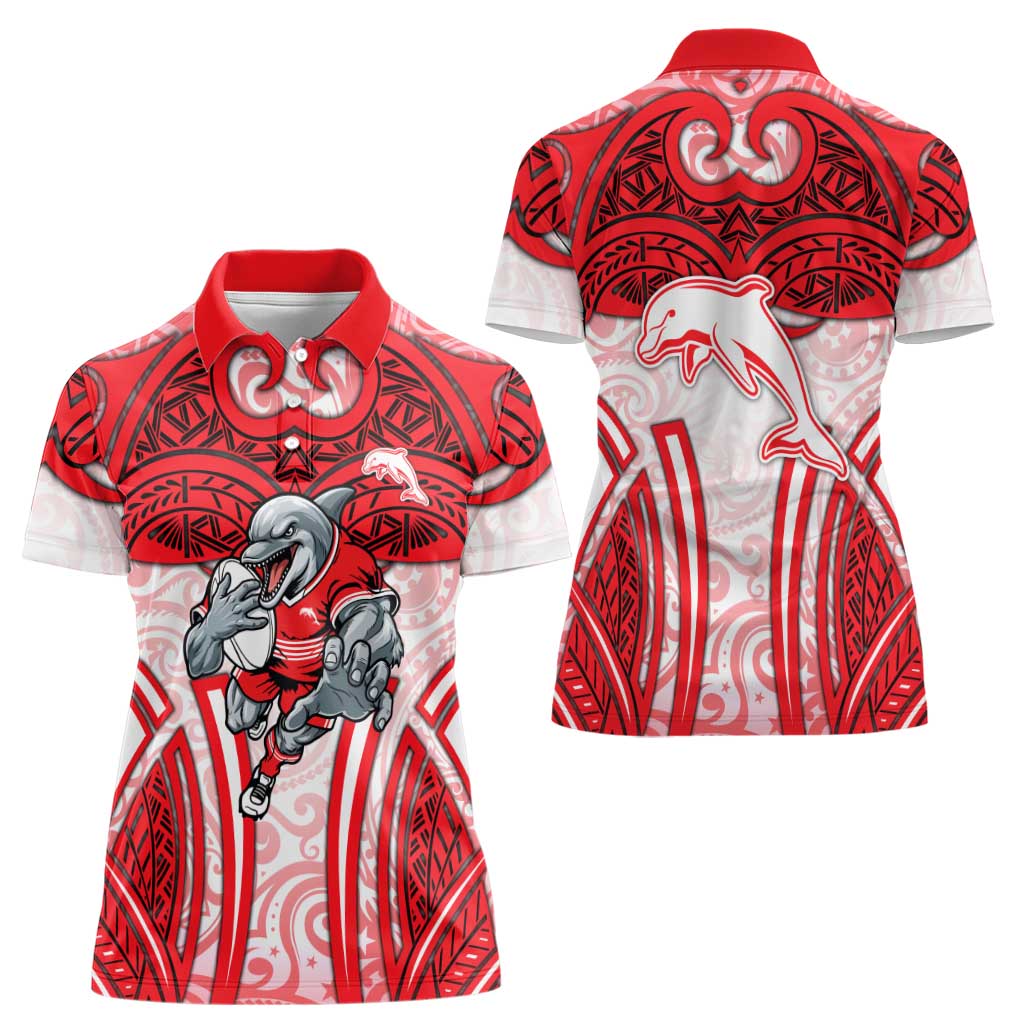 Dolphins Rugby Women Polo Shirt Polynesian Tribal Dolphin Warrior Red White Pattern