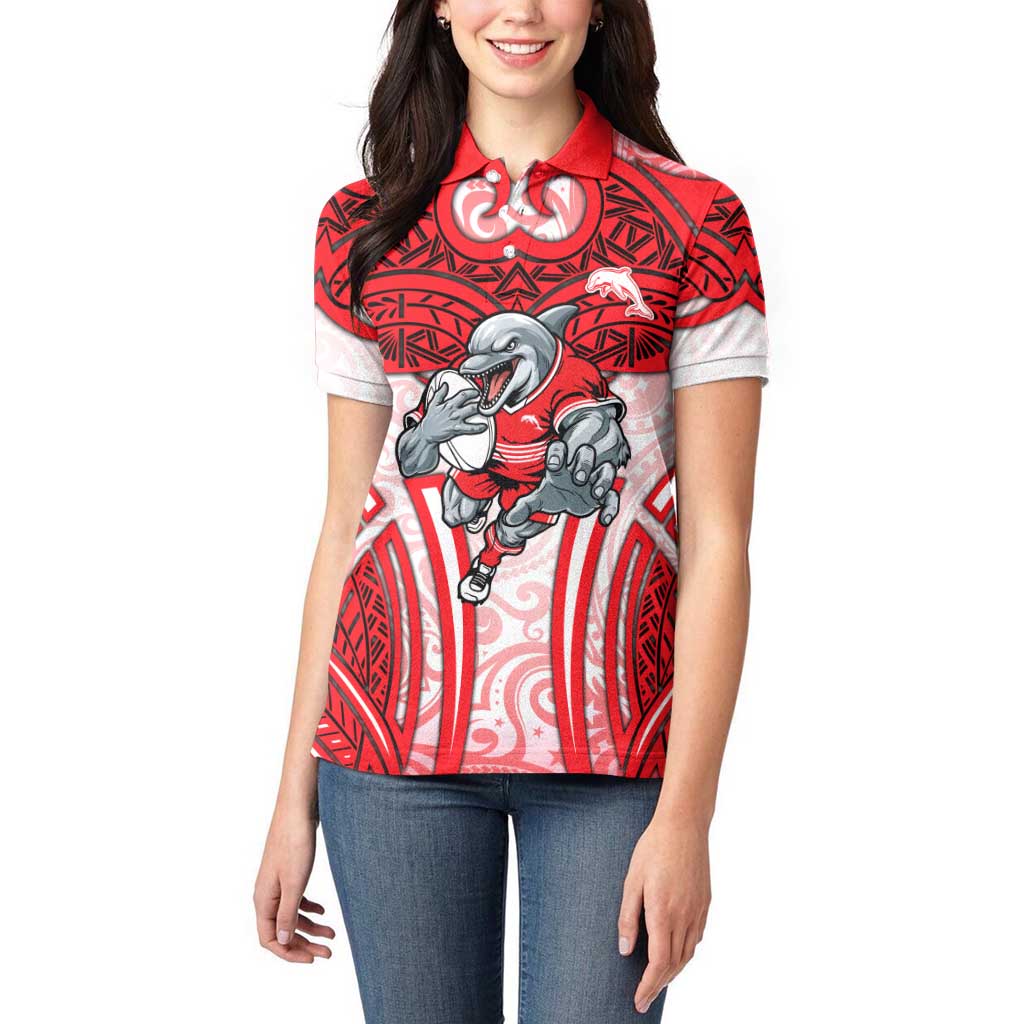 Dolphins Rugby Women Polo Shirt Polynesian Tribal Dolphin Warrior Red White Pattern