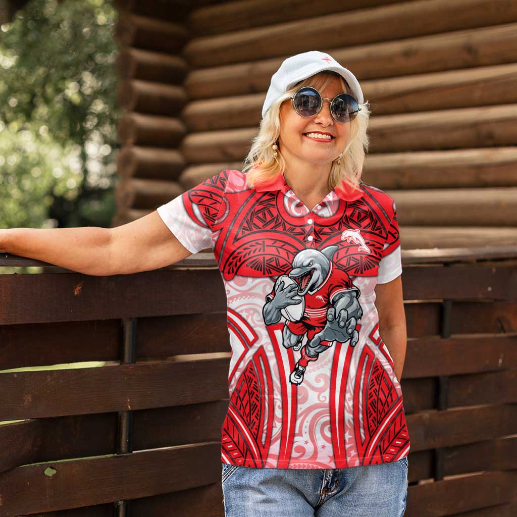 Dolphins Rugby Women Polo Shirt Polynesian Tribal Dolphin Warrior Red White Pattern