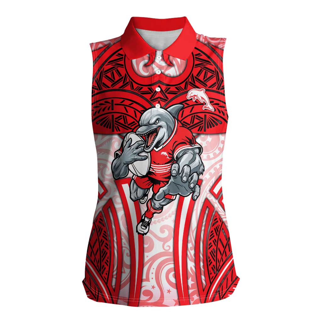 Dolphins Rugby Women Sleeveless Polo Shirt Polynesian Tribal Dolphin Warrior Red White Pattern