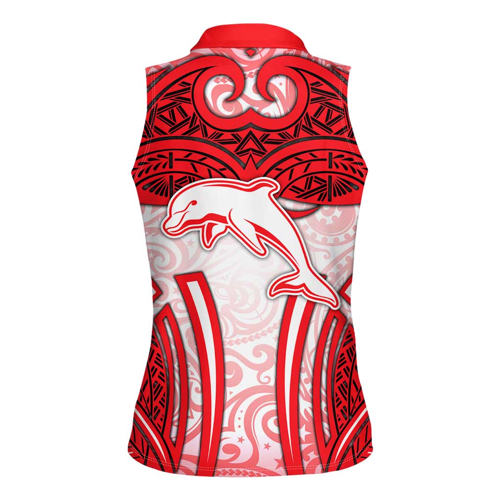 Dolphins Rugby Women Sleeveless Polo Shirt Polynesian Tribal Dolphin Warrior Red White Pattern