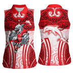 Dolphins Rugby Women Sleeveless Polo Shirt Polynesian Tribal Dolphin Warrior Red White Pattern