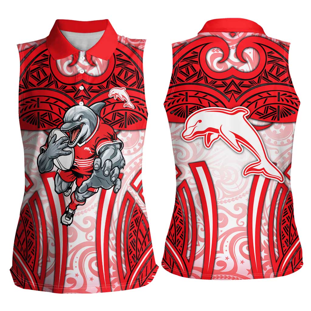 Dolphins Rugby Women Sleeveless Polo Shirt Polynesian Tribal Dolphin Warrior Red White Pattern