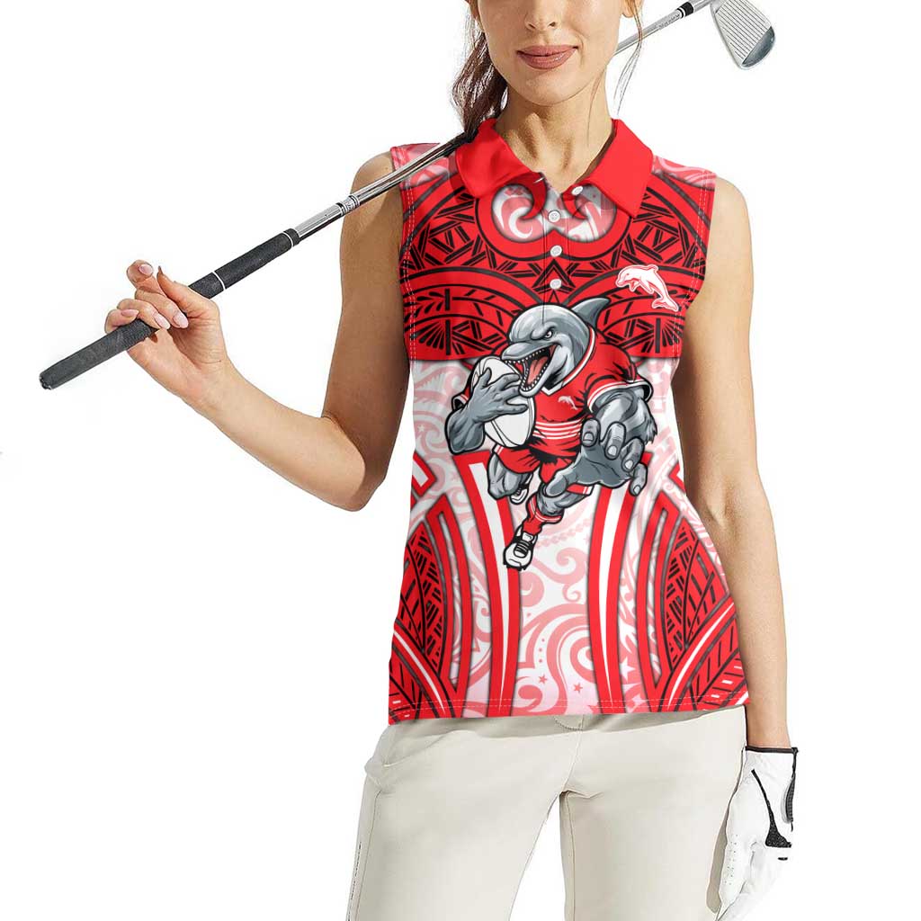 Dolphins Rugby Women Sleeveless Polo Shirt Polynesian Tribal Dolphin Warrior Red White Pattern