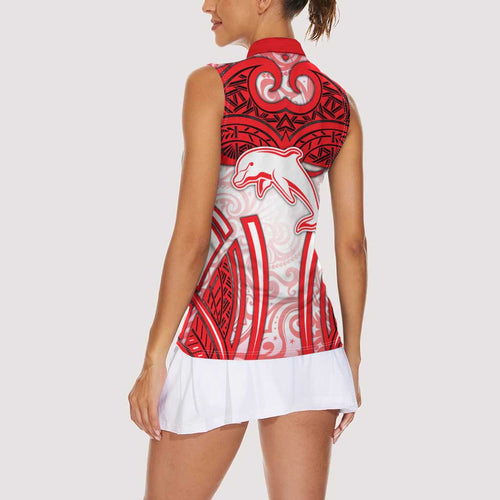 Dolphins Rugby Women Sleeveless Polo Shirt Polynesian Tribal Dolphin Warrior Red White Pattern