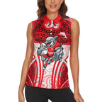 Dolphins Rugby Women Sleeveless Polo Shirt Polynesian Tribal Dolphin Warrior Red White Pattern