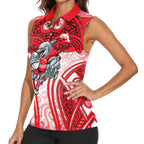 Dolphins Rugby Women Sleeveless Polo Shirt Polynesian Tribal Dolphin Warrior Red White Pattern