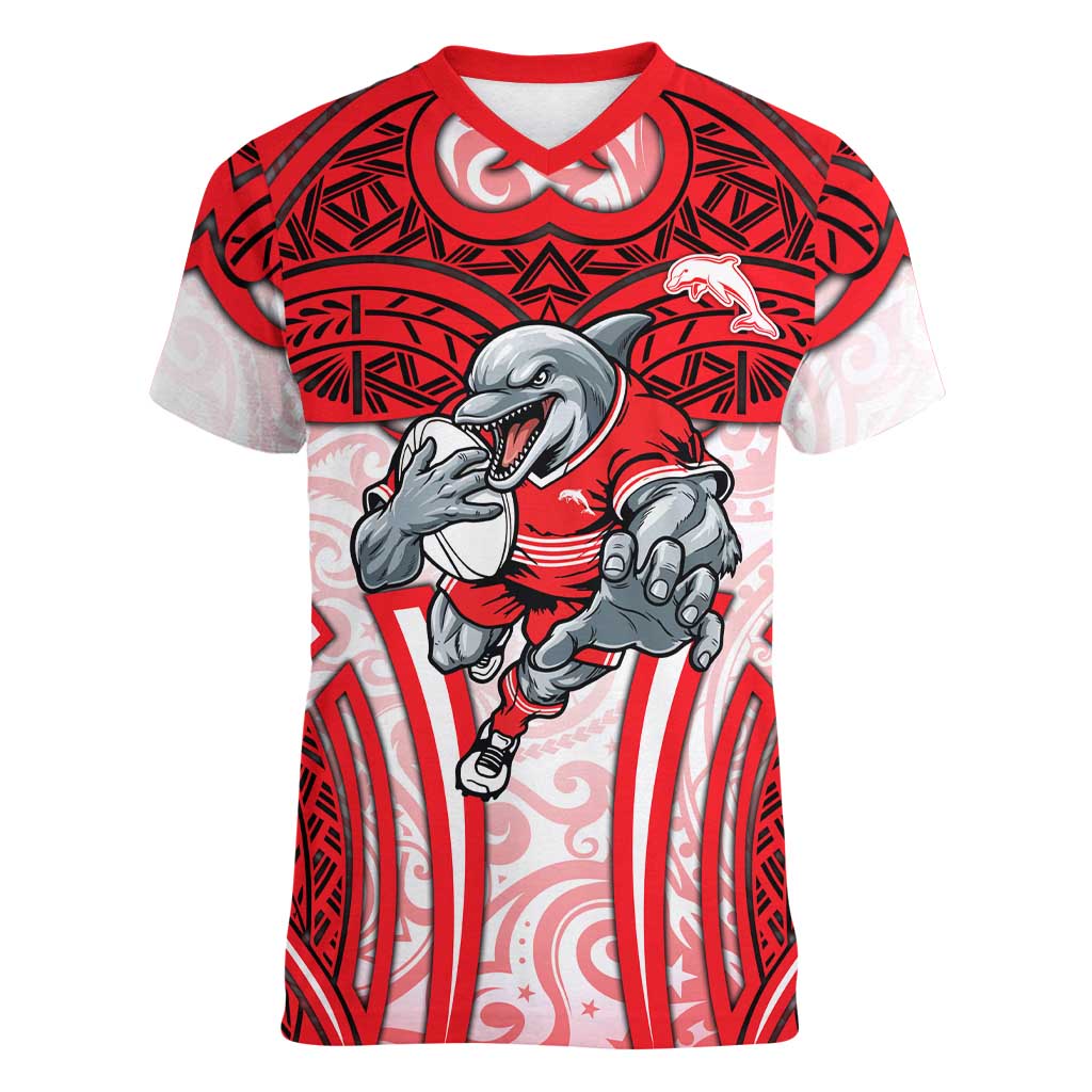 Dolphins Rugby Women V-Neck T-Shirt Polynesian Tribal Dolphin Warrior Red White Pattern