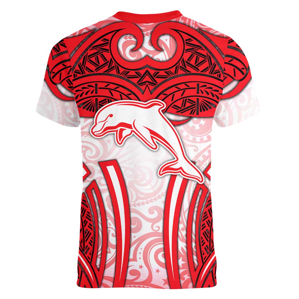Dolphins Rugby Women V-Neck T-Shirt Polynesian Tribal Dolphin Warrior Red White Pattern