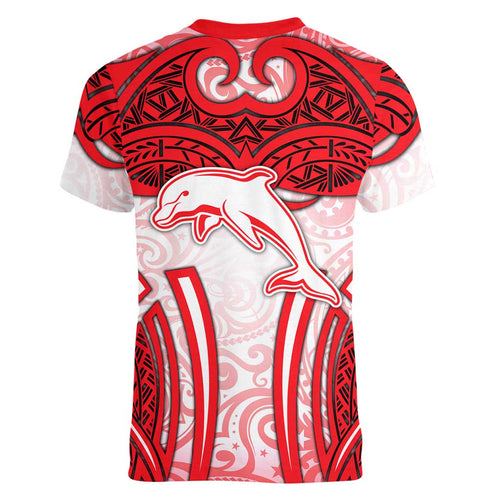 Dolphins Rugby Women V-Neck T-Shirt Polynesian Tribal Dolphin Warrior Red White Pattern