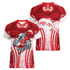 Dolphins Rugby Women V-Neck T-Shirt Polynesian Tribal Dolphin Warrior Red White Pattern