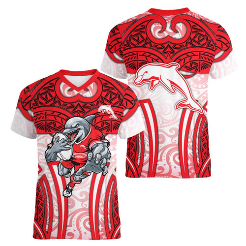 Dolphins Rugby Women V-Neck T-Shirt Polynesian Tribal Dolphin Warrior Red White Pattern