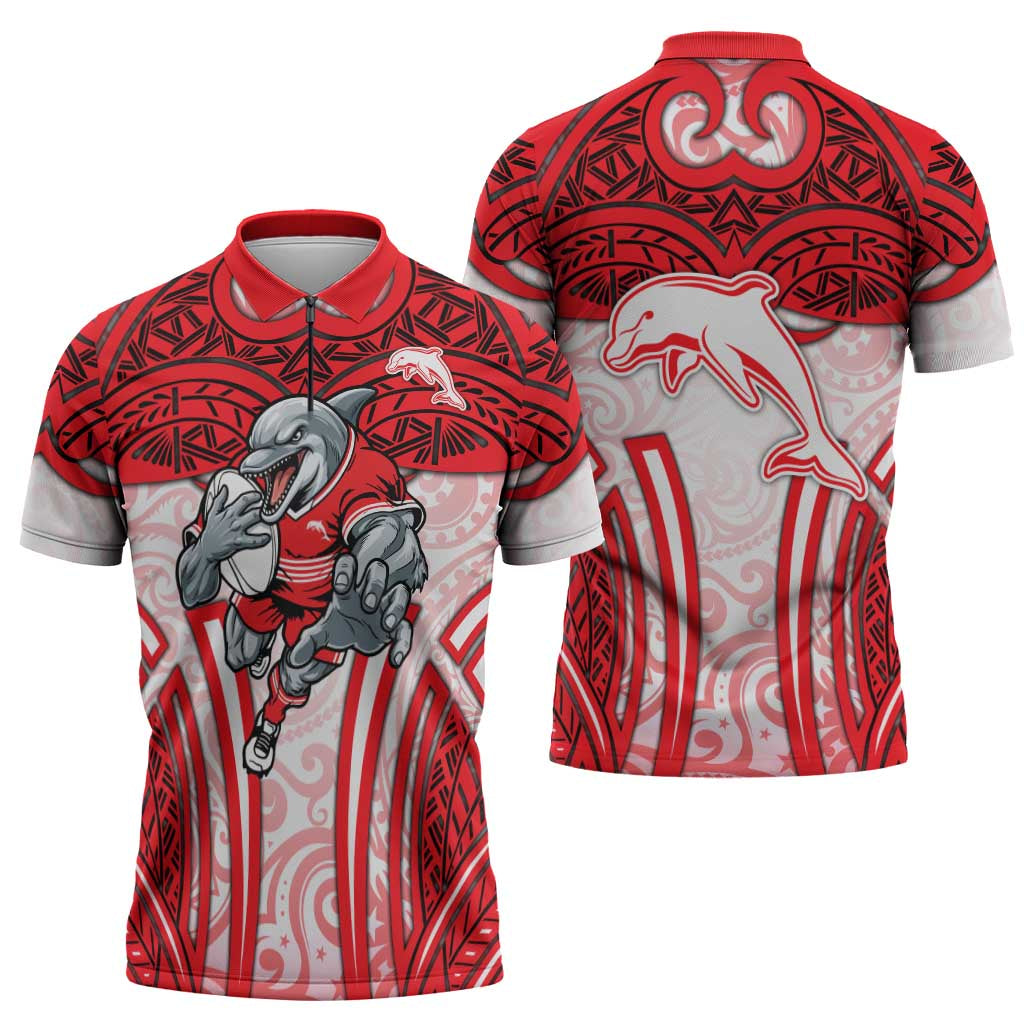 Dolphins Rugby Zipper Polo Shirt Polynesian Tribal Dolphin Warrior Red White Pattern
