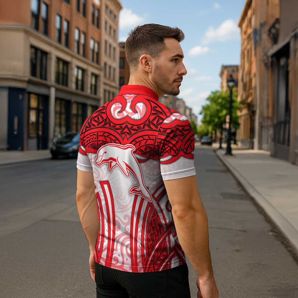 Dolphins Rugby Zipper Polo Shirt Polynesian Tribal Dolphin Warrior Red White Pattern