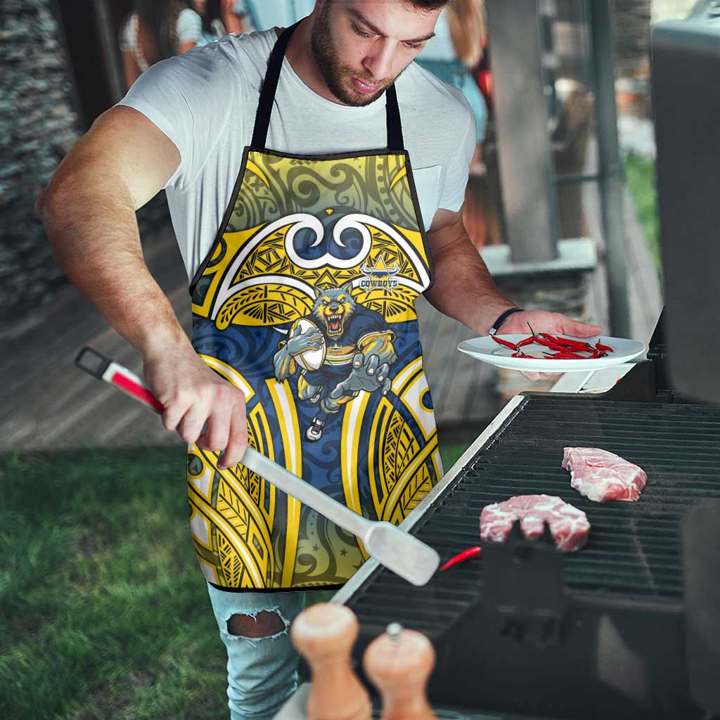 North Queensland Cowboys Rugby Apron Polynesian Tribal Bull Warrior Navy Yellow Pattern