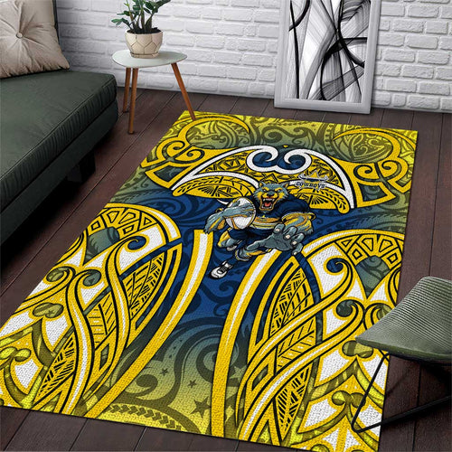 North Queensland Cowboys Rugby Area Rug Polynesian Tribal Bull Warrior Navy Yellow Pattern