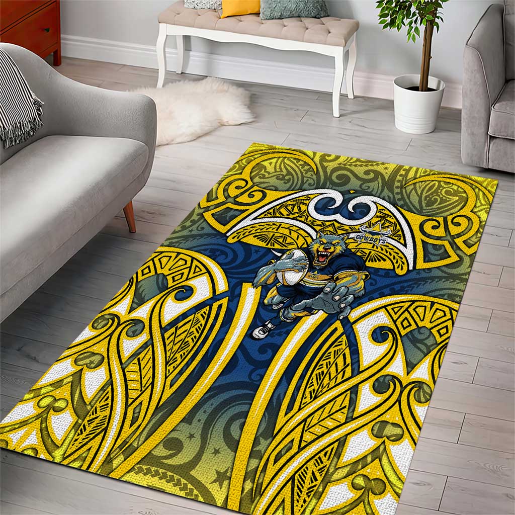 North Queensland Cowboys Rugby Area Rug Polynesian Tribal Bull Warrior Navy Yellow Pattern