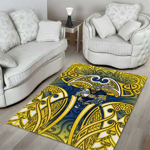 North Queensland Cowboys Rugby Area Rug Polynesian Tribal Bull Warrior Navy Yellow Pattern
