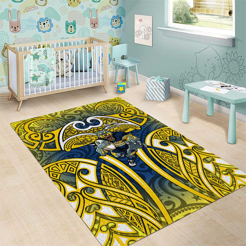 North Queensland Cowboys Rugby Area Rug Polynesian Tribal Bull Warrior Navy Yellow Pattern