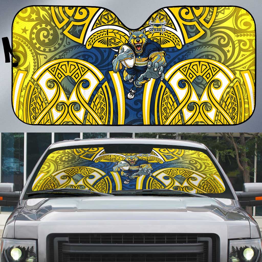 North Queensland Cowboys Rugby Auto Sun Shade Polynesian Tribal Bull Warrior Navy Yellow Pattern