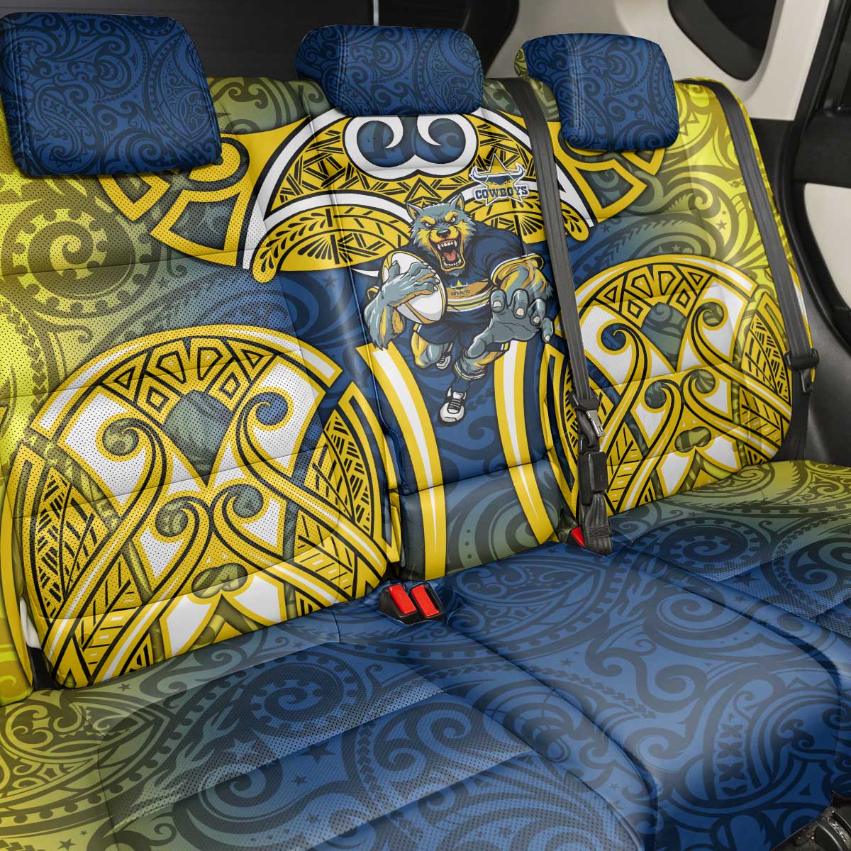 North Queensland Cowboys Rugby Back Car Seat Cover Polynesian Tribal Bull Warrior Navy Yellow Pattern