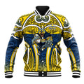 North Queensland Cowboys Rugby Baseball Jacket Polynesian Tribal Bull Warrior Navy Yellow Pattern