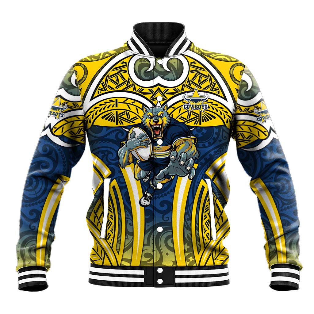 North Queensland Cowboys Rugby Baseball Jacket Polynesian Tribal Bull Warrior Navy Yellow Pattern