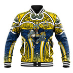 North Queensland Cowboys Rugby Baseball Jacket Polynesian Tribal Bull Warrior Navy Yellow Pattern