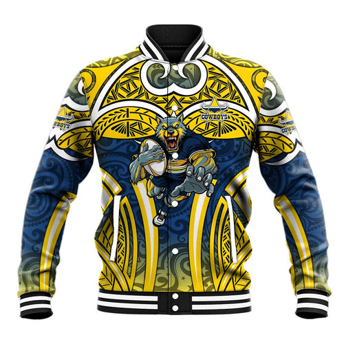 North Queensland Cowboys Rugby Baseball Jacket Polynesian Tribal Bull Warrior Navy Yellow Pattern