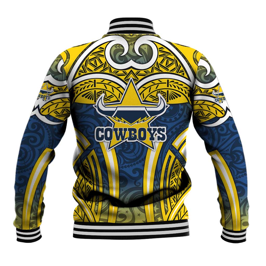 North Queensland Cowboys Rugby Baseball Jacket Polynesian Tribal Bull Warrior Navy Yellow Pattern