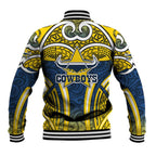 North Queensland Cowboys Rugby Baseball Jacket Polynesian Tribal Bull Warrior Navy Yellow Pattern