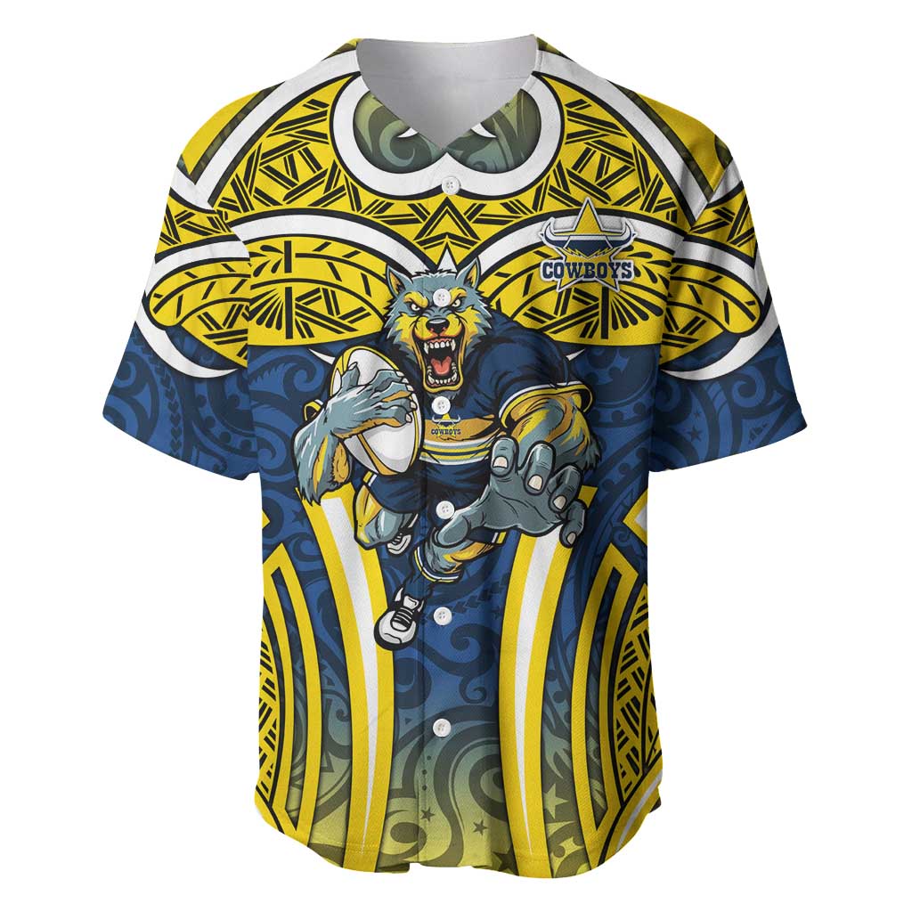 North Queensland Cowboys Rugby Baseball Jersey Polynesian Tribal Bull Warrior Navy Yellow Pattern