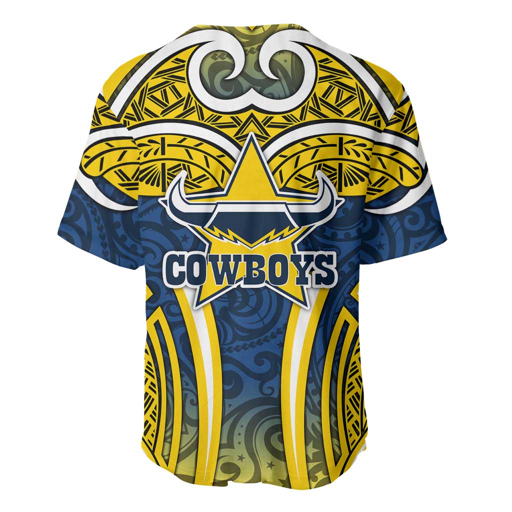 North Queensland Cowboys Rugby Baseball Jersey Polynesian Tribal Bull Warrior Navy Yellow Pattern