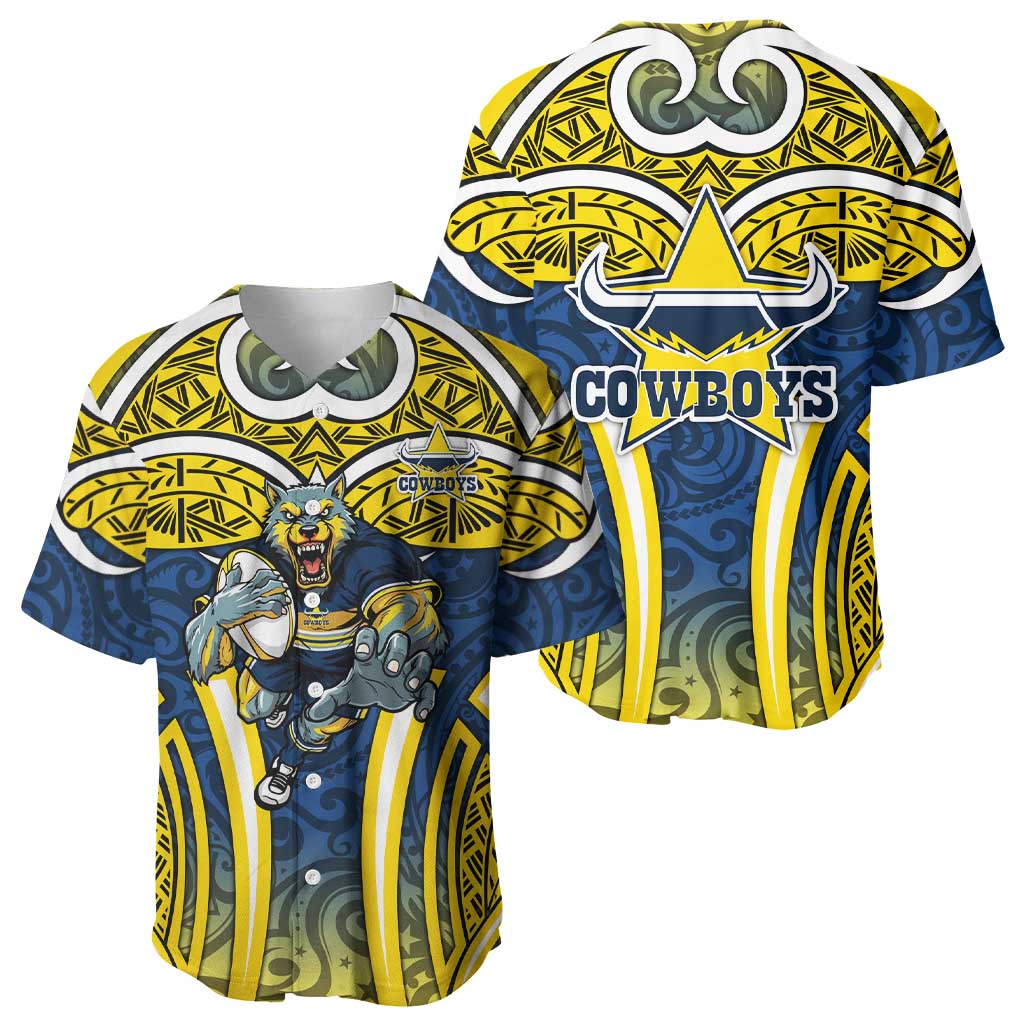 North Queensland Cowboys Rugby Baseball Jersey Polynesian Tribal Bull Warrior Navy Yellow Pattern