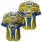 North Queensland Cowboys Rugby Baseball Jersey Polynesian Tribal Bull Warrior Navy Yellow Pattern