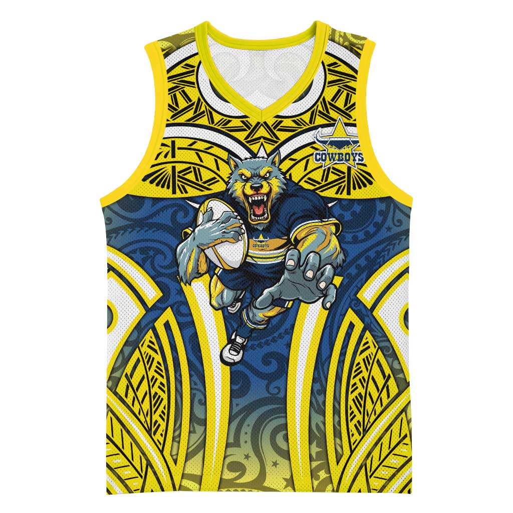 North Queensland Cowboys Rugby Basketball Jersey Polynesian Tribal Bull Warrior Navy Yellow Pattern