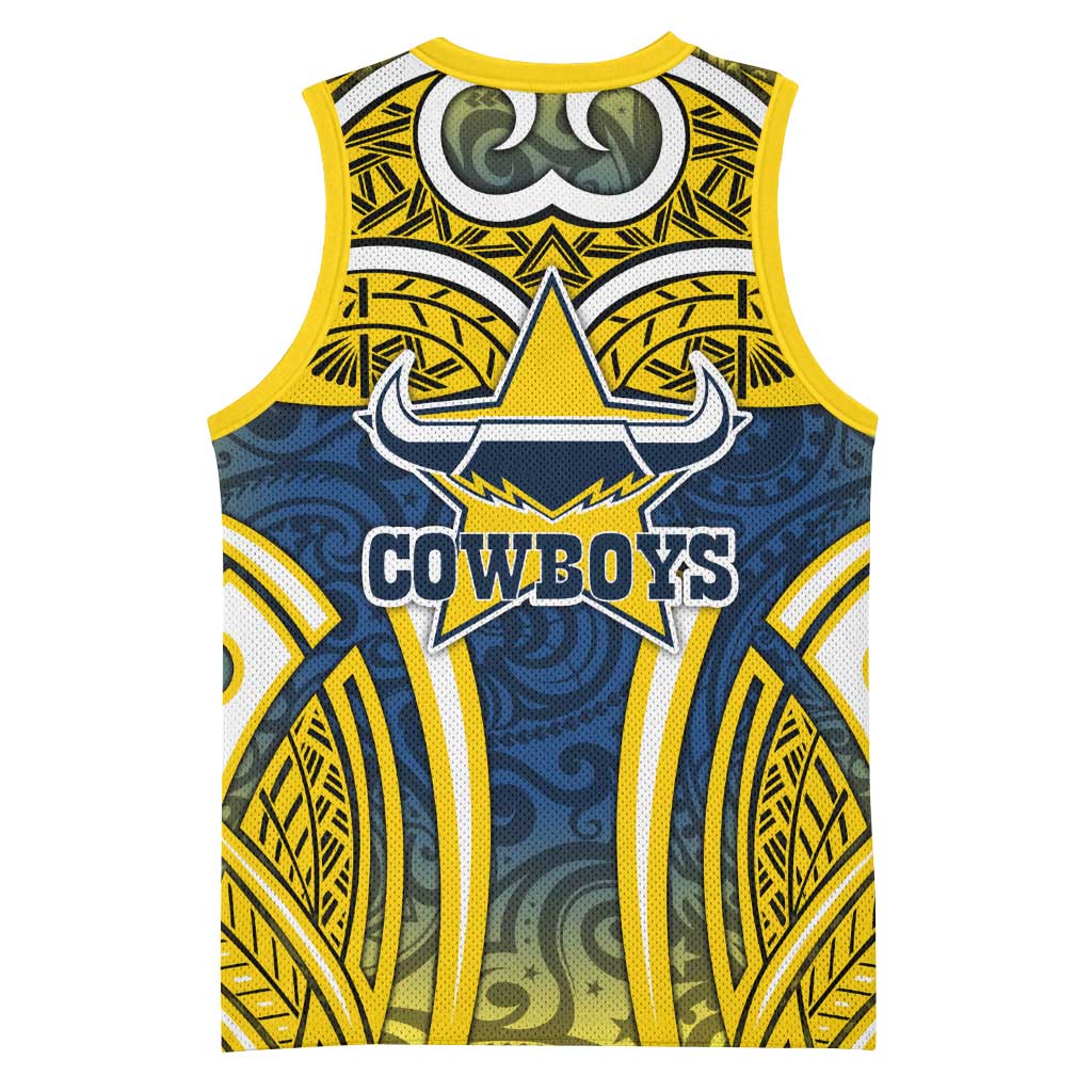 North Queensland Cowboys Rugby Basketball Jersey Polynesian Tribal Bull Warrior Navy Yellow Pattern