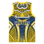 North Queensland Cowboys Rugby Basketball Jersey Polynesian Tribal Bull Warrior Navy Yellow Pattern