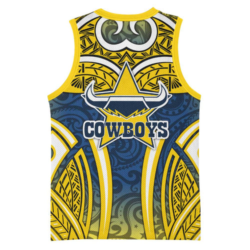 North Queensland Cowboys Rugby Basketball Jersey Polynesian Tribal Bull Warrior Navy Yellow Pattern